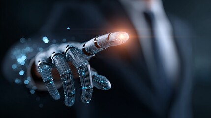 Futuristic robotic hand pointing with digital glowing interface and business background