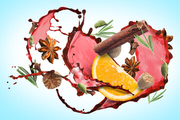Mulled wine splash, spices and orange slice on light blue background