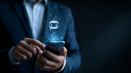 Businessman Using Smartphone with Digital Chatbot Icon and Technology Interface