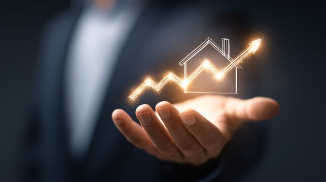 Businessman Holding Glowing Rising Graph with House Icon Concept