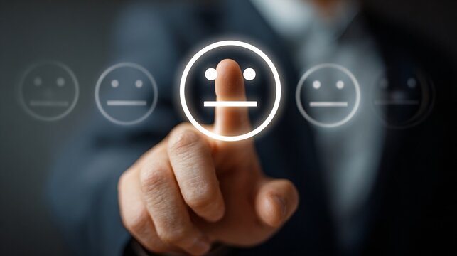 Businessman selecting neutral face rating on transparent digital feedback interface