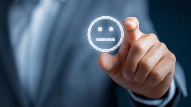 Businessman Selecting Neutral Emotion Face Icon on Transparent Interface