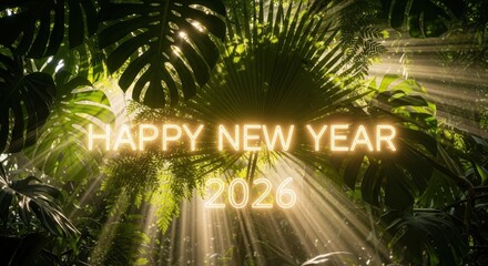 Happy new year 2026 neon glow in lush tropical jungle forest