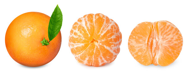 Fresh tangerines isolated on white, set. Citrus fruit