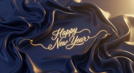 Happy new year golden glowing script on elegant blue satin fabric.