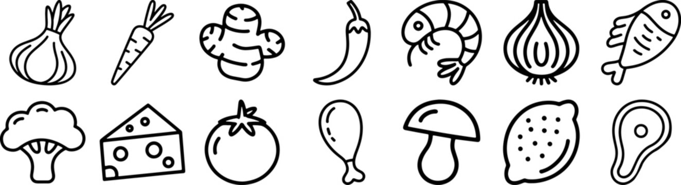 hand-drawn food doodle set with vegetables, fruits, cheese, seafood, meat, and kitchen ingredients in simple black line art style for cooking and meal design
