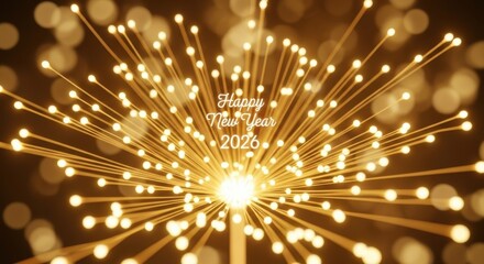 Golden festive lights radiate, happy new year 2026, bokeh background.