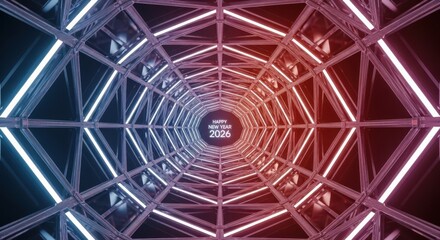 Abstract new year 2026 message in futuristic neon light tunnel