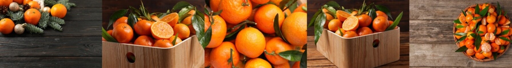 Collage with fresh tangerines, banner design. Citrus fruit
