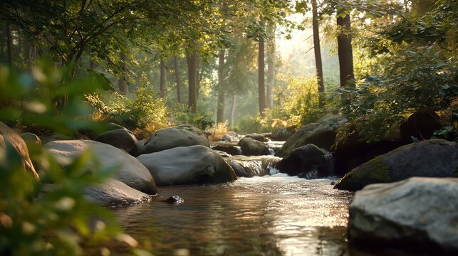 Tranquil woodland creek with gentle sunbeams and rocks