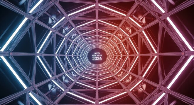 Abstract new year 2026 message in futuristic neon light tunnel