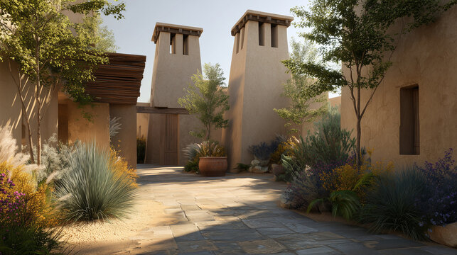 A climate-adaptive courtyard home with passive cooling towers, shaded structures, and drought-friendly landscaping. Climate-adaptive courtyard home with wind-catcher towers, shaded colonnades, cool st