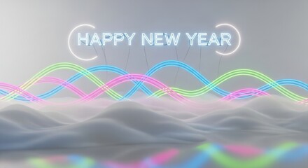 Happy new year neon sign with vibrant glowing waves abstract design