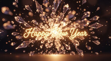 Happy new year text with sparkling diamonds and golden glow