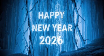 Happy new year 2026 text on blue frozen ice cave wall texture