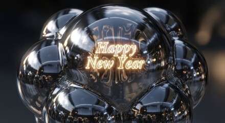 Festive "happy new year" message in abstract shiny metallic spheres.
