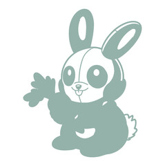 Obraz premium A cute cartoon bunny raises its paw in a friendly greeting on a white background.