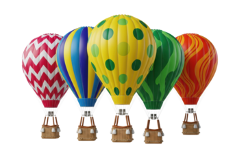 Five hyper-realistic hot air balloons with patterned glossy nylon envelopes and detailed wicker baskets, posed on a stark white high-key studio background with copy space. Concept of aspirational