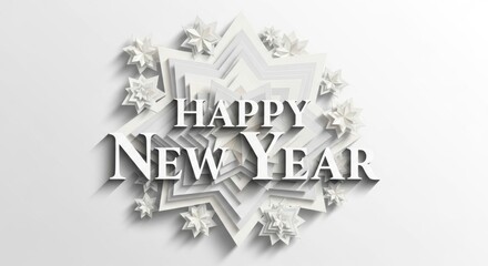 Happy new year text with elegant layered white paper star design