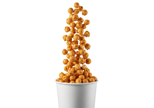 high-speed, close-up of glossy caramel popcorn exploding out of a classic white bucket, frozen mid-air, isolated on a clean white background with copy space. Concept for cinematic snack advertising