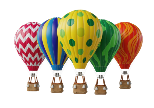Five hyper-realistic hot air balloons with patterned glossy nylon envelopes and detailed wicker baskets, posed on a stark white high-key studio background with copy space. Concept of aspirational