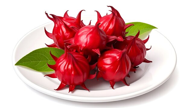 Glossy red roselle fruits displayed on a white plate with green leaves. Isolated against a white background
