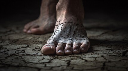 Close-up of bare human foot on dry cracked soil in drought conditions
