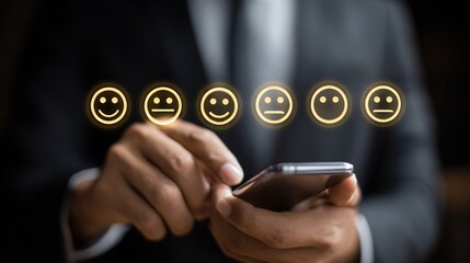 Businessman Using Smartphone with Digital Emotion Rating Icons in Dark Office