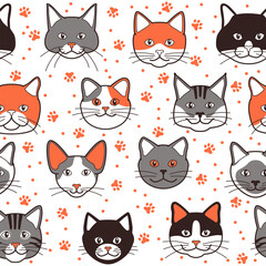 Cute different cat faces seamless pattern background