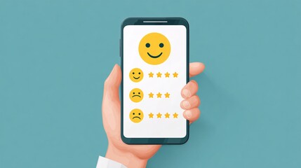 Hand Holding Smartphone Displaying Customer Satisfaction Rating with Three Emoji Faces