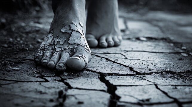 Bare feet walking on cracked dry earth symbolizing drought and hardship