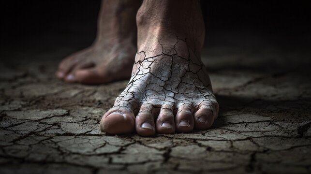 Close-up of bare human foot on dry cracked soil in drought conditions