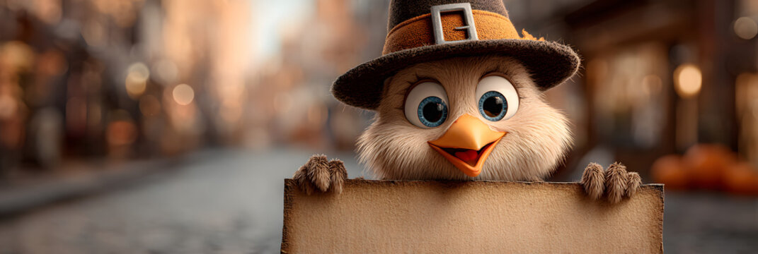 A cheerful Thanksgiving cartoon turkey wearing a pilgrim hat holding a blank sign with copy space, against a blurred yellow-orange background. Perfect for festive Thanksgiving visuals. Generative Ai.