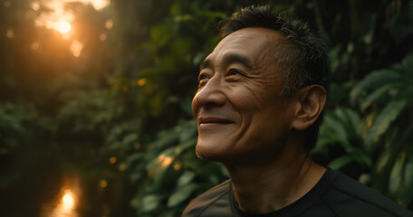 Smile, fitness and thinking with Asian man in nature for runner, confidence and health. Retirement, exercise pride and wellness with senior person for mobility training, low angle and reflection