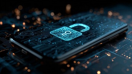 Close-up of smartphone with glowing digital lock icon on technology circuit board