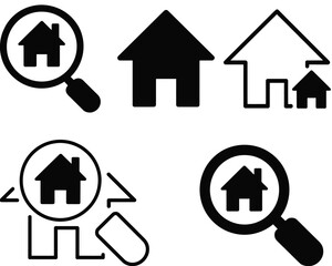 Obraz premium Magnifying glass icons search for houses and home buildings.