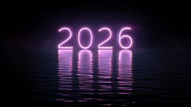Year future neon lights glowing reflection water dark background wallpaper screensaver desktop design