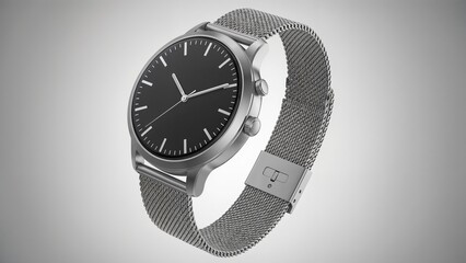 Modern silver wristwatch with black dial and mesh strap on gray background for fashion accessory