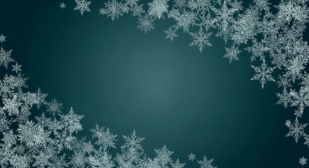 Illustration of shiny snowflake on dark teal background, festive and winter atmosphere, space for text, representing holiday, celebration, and cool concept