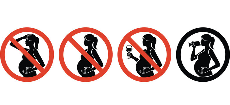 Four pregnancy warning signs illustrate prohibited actions for expectant mothers.