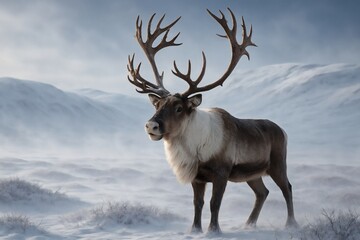 Majestic Northern Reindeer with Antlers in Snowy Tundra. Wildlife, deer, nature, winter, majestic, northern