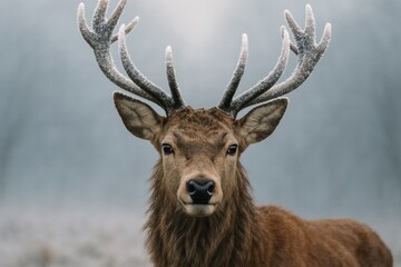 Frosted Stag Portrait in Misty Winter Forest. Deer, wildlife, nature, winter, antlers, majestic, serene