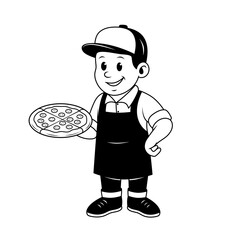 cute black and white illustration of a pizza chef holding a tray of fresh pizza. Suitable for logos, menus, packaging, and promotional materials for restaurants, pizzerias, and food delivery service