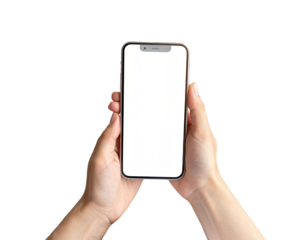 Two hands hold a blank smartphone, floating against a black background