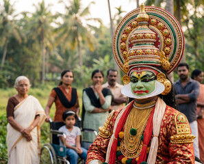 Kathakali Dance and Spectators: A masterfully costumed Kathakali dancer, adorned in traditional makeup and intricate regalia, takes center stage before an engaged audience. Kerala Kathakali