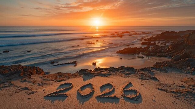 New year beach sunset ocean waves sand writing travel destination vacation photography happy new year