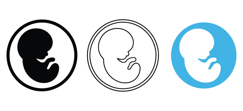 Three different stylistic icons depicting a human fetus in a circle.