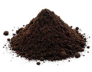 A dark brown pile of loose soil sits against a black background