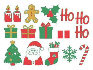 Fototapeta premium A collection of festive Christmas icons including Santa, a tree, gifts, candles, and candy canes.