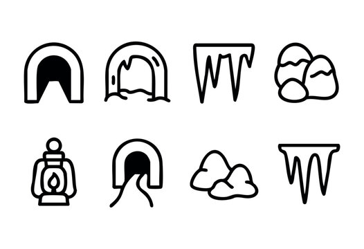 A set of eight hand-drawn line icons depicting various cave and winter elements, including cave entrances, icicles, rocks, and a kerosene lamp. The style is simple, bold, and suitable for various appl